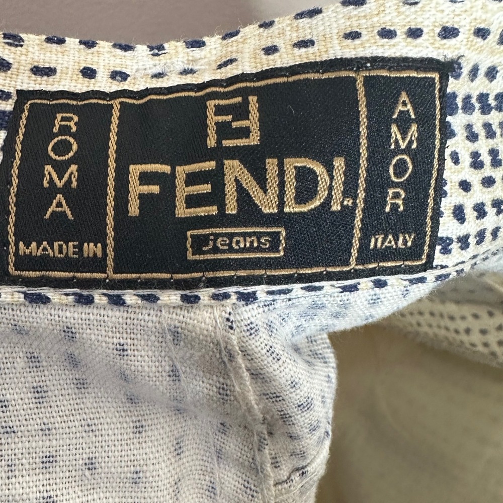 Fendi Jeans Roma Amor Italy Pants Cream Blue Dotted‎ Print linen Blend Size 27 - Picture 5 of 9